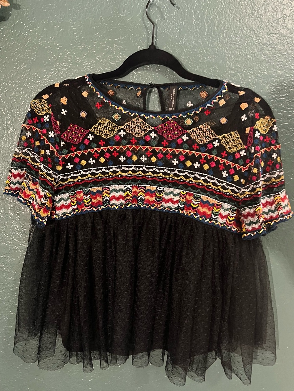 ZARA Embroidered Beaded Boho Statement Top Black Multicolor Sheer